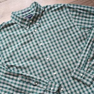 Lands' End Supima Cotton Plaid Button Down Men's Shirt - Green White Orange - XL